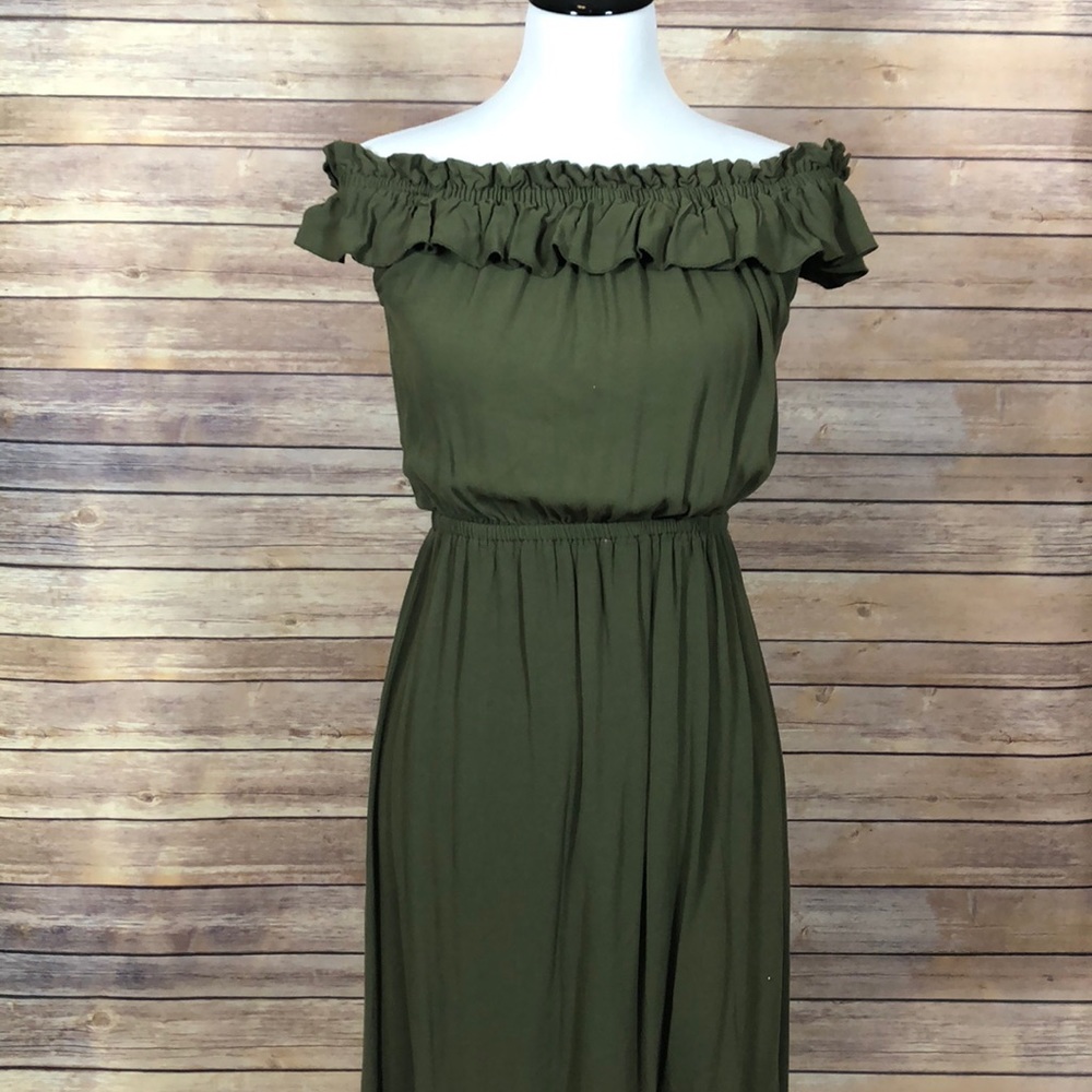 Off the Shoulder Olive Ruffled Neckline Dress